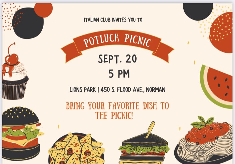 OUItalian's tweet photo. This coming week we will kick off the Baccano Italian Club season with a potluck picnic at Lions Park. We can’t wait to see you on September 20 at 5pm! #ouitalian #ouspeaksitalian https://t.co/IswzIHlyuC