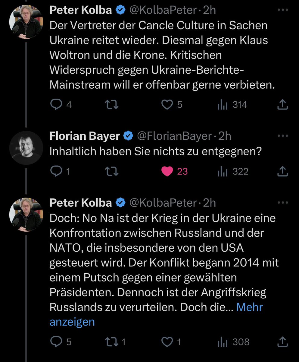 Fella_IA_X25's tweet photo. @KolbaPeter Wenn man Berichte ohne Fakten veröffentlicht, die noch dazu Wiederkehr werden können, kann man dies nicht mehr als Berichterstattung bezeichnen.
Da distanziert sich die komplette Sektion „Fantasy“, wenn dies auf einen grausamen und Menschenverachtenden Angriffskrieg bezogen wird.
Wenn man den Begriff „Mainstream Medien“ benutzt, befindet man sich in Gewässern der Verschwörungstheorethikern und Querdenkern.
Wenn Sie mit dem NATO Argument kommen, frage ich Sie warum derzeit nur 20% der 🇷🇺 Truppen an der NATO Grenze stationiert sind, warum Gorbatschow selbst sagte das die NATO Erweiterung kein Problem ist, warum Gorbatschow selbst sagte das es kein geheimes Abkommen gab, warum der Kreml selbst auf seiner Homepage schrieb das die NSTO Erweiterung kein Problem ist?
Ihre Argumente sind haltlos.