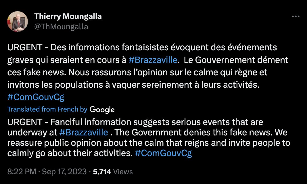 There is no coup d'etat in Congo Brazzaville, the country's government spokesman says in response to social media speculation.

🇨🇬President Denis Sassou Nguesso, 79 is in New York for the UN General Assembly