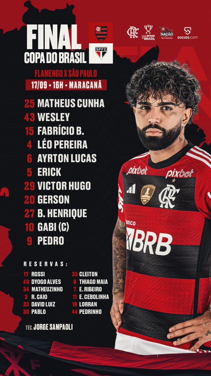 ATropaRN's tweet photo. 🚨🚨 SAIU A ESCALAÇÃO!!! 🚨🚨

O Mengão está escalado para enfrentar o São Paulo, na primeira partida da decisão da Copa do Brasil.

A bola rola às 16h no Maracanã!!! 

Vamoooos... Pra cimaaaaa 🔴⚫

📸 Flamengo

#Flamengo #VamosFlamengo #CRF #MaisQuerido https://t.co/NiDrlaSvzq