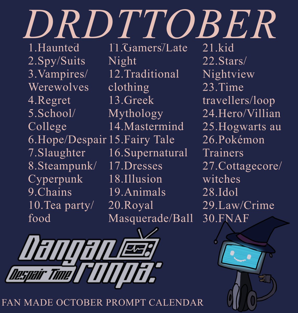 Hi DRDT nation, October is coming soon so I got with some friends to make a DRDT themed October challenge!!
Feel free to join under #drdttober2023 

#drdt #danganronpadespairtime