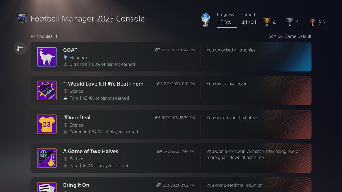 MorganMoonscar1's tweet photo. Football Manager 2023 Console Edition
GOAT (PLATINUM)
#PlayStationTrophy #PS5Share, #FootballManager2023ConsoleEdition https://t.co/HoXBiDjzg9