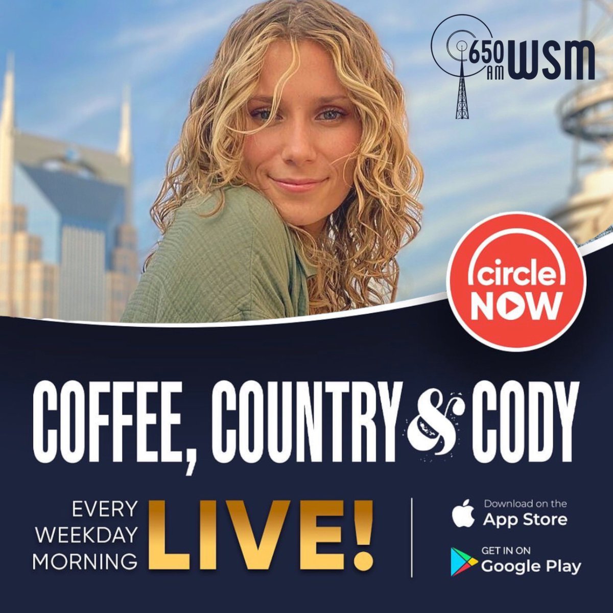 Thrilled for a little Monday morning music at 8am on WSM’s Coffee, Country & Cody!🌞☕Tune in to hear about my EP 'Waves' & catch a sneak peek of some new music!💛🎶

The show's on demand on the Circle App for a 24 hours afterwards☕📺

#CircleNow #CoffeeCountryCody #Opry
