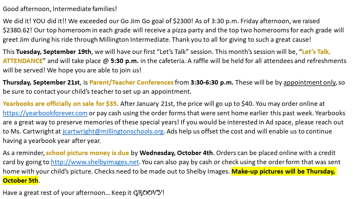 MillingtonInte2's tweet photo. 🍎Callout for 9/18-22🍎
#MIS #MotivateInspireSucceed #Goals #GoJimGo 
#AttendanceMatters #ParentTeacherConferences #ItTakesAVillage #Yearbooks #Memories https://t.co/X1btHKylwG