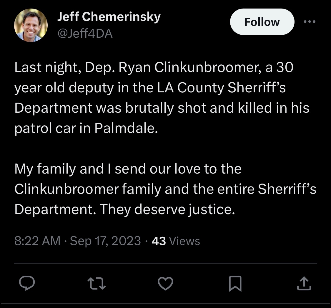 RyanErlich's tweet photo. Welcome to the campaign, @Jeff4DA .

Btw, it’s Sheriff. Not “Sherriff.”

Talk to a deputy. They’ll tell you. LASD is the county’s largest law enforcement entity. They also provide security at county courthouses… where us line DAs practice law every day. https://t.co/ScL3b0zujG
