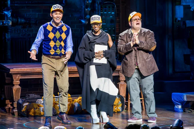 Cynthia Erivo on the stage of Gutenberg! with Josh Gad and Andrew Rannells