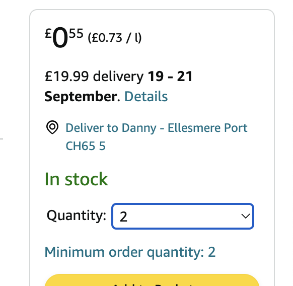 Keep seeing this on @AmazonUK lately.. sellers putting free shipping on 1 item, but £20 shipping on 2 items, then setting minimum order quantity to 2. Shows 'free shipping' in listings, and I suspect many people won't notice the change when meeting min order qty.