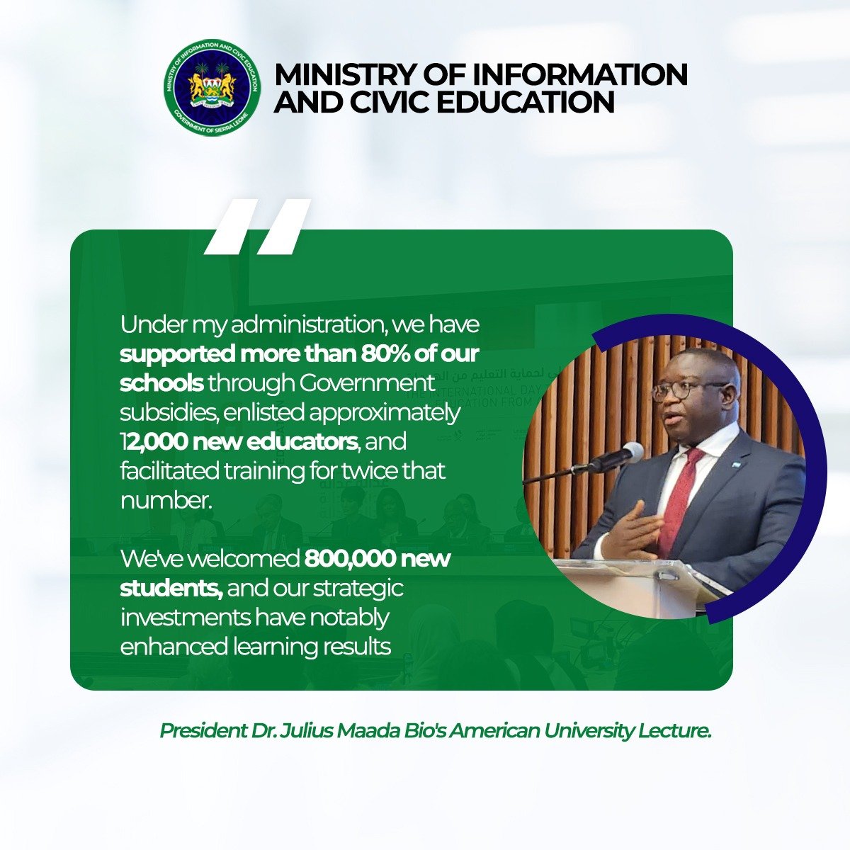 MoiceComm's tweet photo. Memorable quotes from @PresidentBio's lecture at his alma mater @AmericanU in #WashintonDC... #SierraLeone #SaloneTwitter @dsengeh @Keketoma_Sandi https://t.co/W2njFmVc46