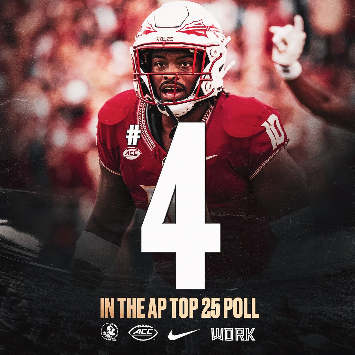 FSUFootball's tweet photo. Ranked in the top 4️⃣ for the third straight week!

#NoleFamily | #KeepCLIMBing https://t.co/k0C6xhRUs7