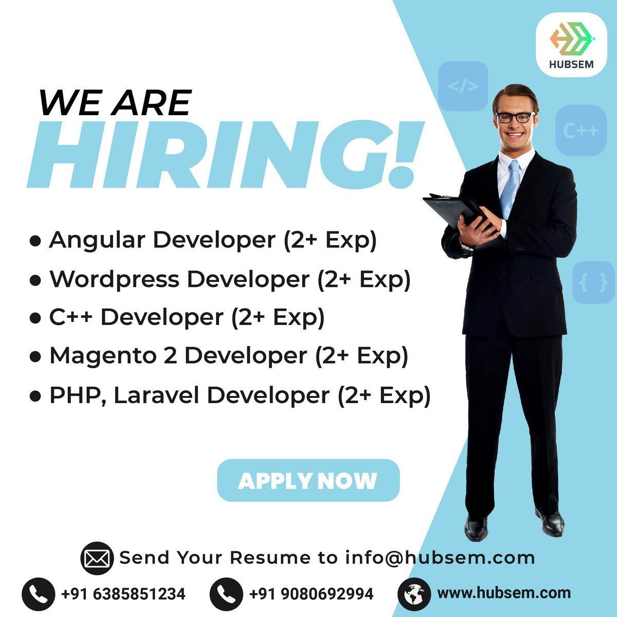 hubsem's tweet photo. WE ARE HIRING 

Ready to take your career to the next level? Join our team of talented professionals! We're looking for experienced developers in various domains to be a part of our dynamic workforce. Send your resume to info@hubsem.com today and let's build the future together! https://t.co/EIWKuR38ZD