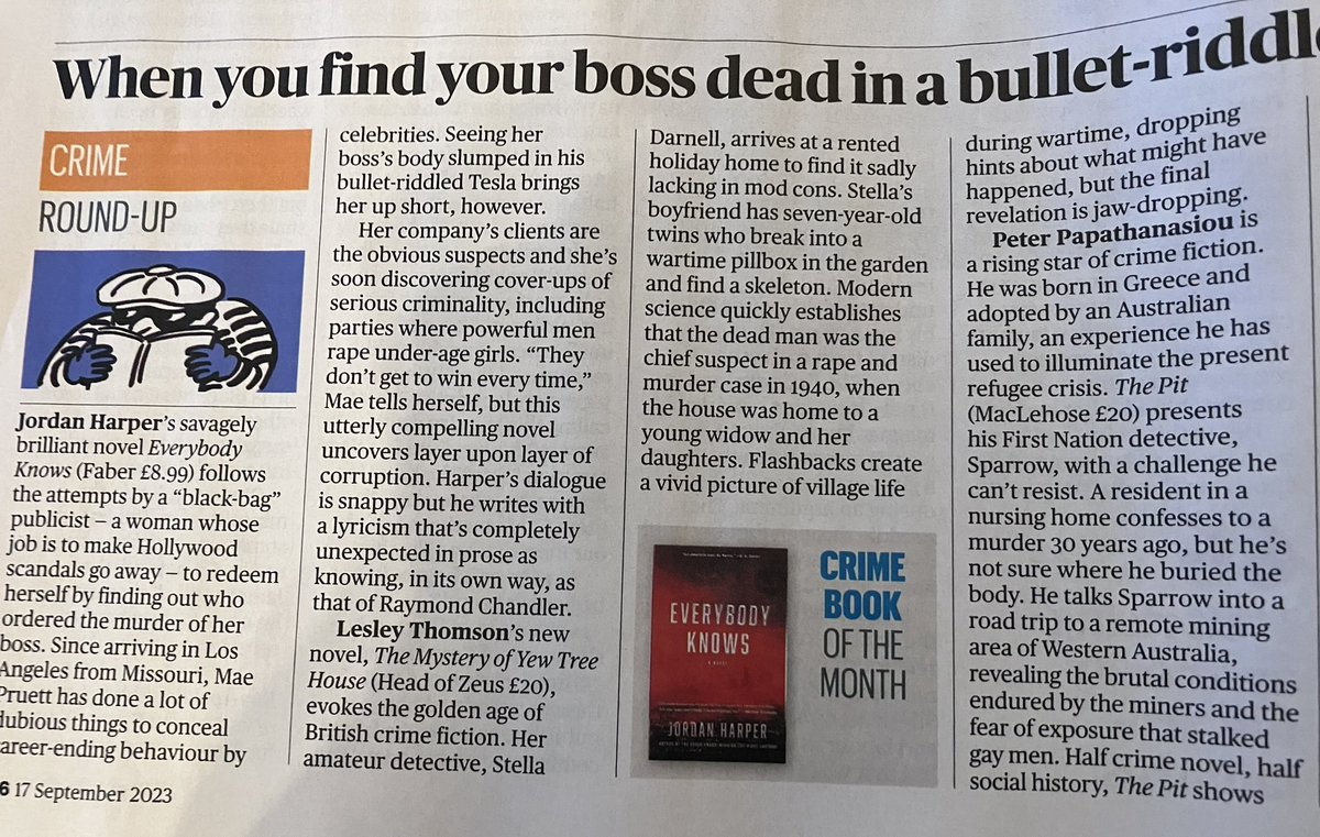 So pleased to see #TheMysteryofYewTreeHouse by @LesleyjmThomson in @ST_Culture today with a review by @polblonde. Just pub by @HoZ_Books it’s in good company with @AnnCleeves #JordanHarper & #PeterPapathanasiou. Thank you, @polblonde! #CrimeFiction #WW2 #GoldenAgeCrime