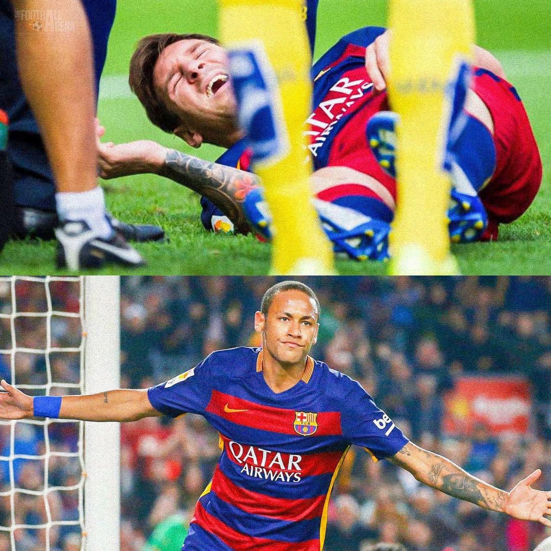 In 2015, Lionel Messi suffered a serious injury on his left knee and was out for 2 months.

Then, Neymar shaved his hair &amp; took all of the team's responsibility on him.

Neymar scored 13 goals and gave 9 assists in 8 games. 🤯🪄