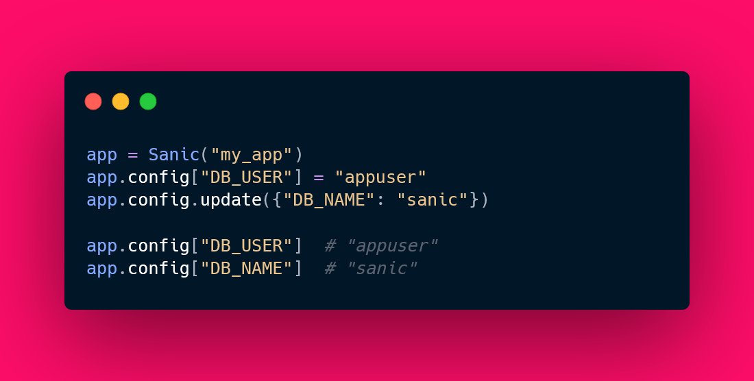 sanicframework's tweet photo. Second way of updating config: as a dictionary!

The config object behaves the same way a dictionary does, and implements the same methods that dictionaries have.

#PythonSanic #Python #Webserver #WebDev #WebDevelopment https://t.co/xkg5Gvzm0K