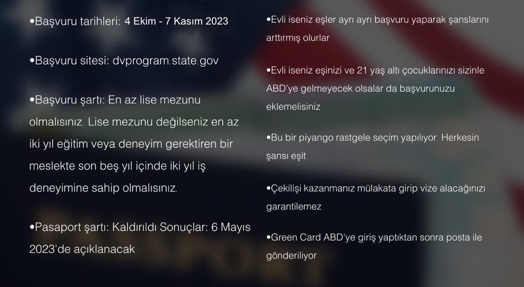 Greencard başvuruları 2 hafta sonra başlıyor. Gerekli tüm şartları sizler için liste haline getirdim👇🏻
