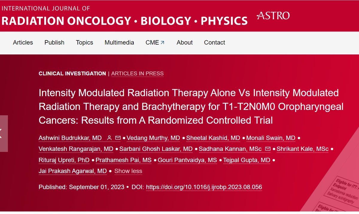 Happy to share our RCT comparing IMRT alone Vs IMRT+ Brachytherapy for T1-T2N0M0 oropharyngeal cancers.  
Brachytherapy results in a significant reduction of xerostomia! 
Thank you @RadOncTMC, @TataMemorial
for all the support and the entire team for the efforts over a decade!!