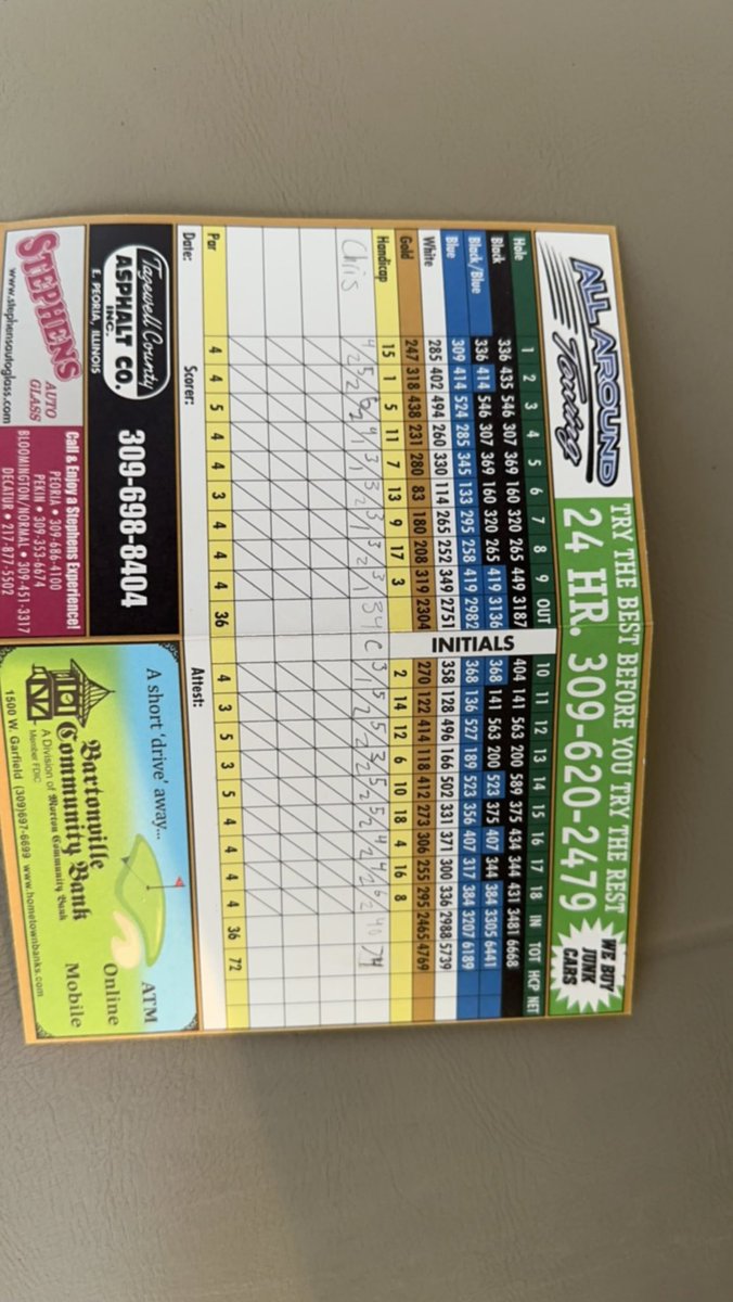 I shot a 74 tonight!! Had a great run of birdies, figuring out the driver makes a good difference. Putter is still rolling well! <a href="/IBHS_TigersGolf/">Illini Bluffs Golf</a> <a href="/DACCmgolf/">DACC Men’s Golf</a> @bhcgolf19 <a href="/CoachTwaddle/">Ryan Twaddle</a>