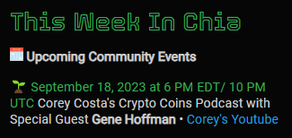 Stay tuned to <a href="/coreycosta123/">Corey Costa’s Crypto Coins</a> Corey Costa's Crypto Coins podcast tomorrow! I hear <a href="/hoffmang/">Gene Hoffman hoffmang.xch 🌱</a> will be on the show! youtube.com/@coreycostascr…