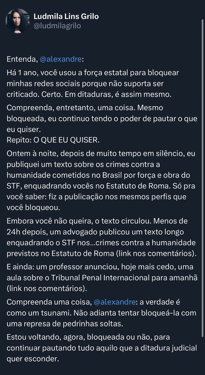 maristelademelo's tweet photo. A Dra Juíza Aposentada coercitivamente Ludimila  Grilo escreveu um desabafo, cumulado com um grito de liberdade. Vamos gritar juntos? https://t.co/XHsubhSQkb