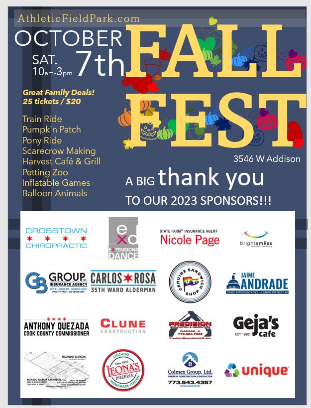 Athletic Field Park (@athleticfield) on Twitter photo Join us for our annual community #FallFest #pumpkins #ponyrides #city #Chicago #family #fun #autumn <a href="/VoteJAndrade/">Jaime M Andrade, Jr.</a> <a href="/35th_Ward/">Anthony J. Quezada, 35th Ward Alderman</a> <a href="/redeyechicago/">Chicago Things to Do</a> <a href="/ChicagoParks/">Chicago ParkDistrict</a> Join us for our annual community #FallFest #pumpkins #ponyrides #city #Chicago #family #fun #autumn <a href="/VoteJAndrade/">Jaime M Andrade, Jr.</a> <a href="/35th_Ward/">Anthony J. Quezada, 35th Ward Alderman</a> <a href="/redeyechicago/">Chicago Things to Do</a> <a href="/ChicagoParks/">Chicago ParkDistrict</a>