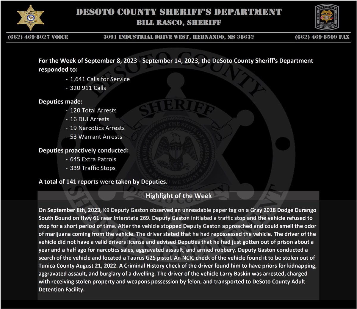 ***SHERIFF’S WEEKLY BRIEFING***
Attached is the weekly brief synopsis of calls and reports taken September 8th - September 14th. 
Plus - #HighlightOfTheWeek