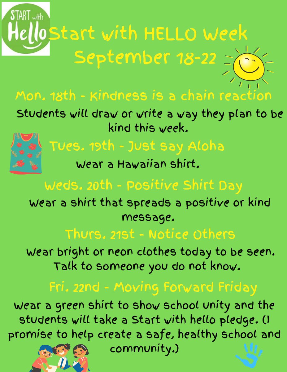 CannellaElem's tweet photo. Start with HELLO Week begins tomorrow! #KindnessMatters  #SOARINGComets ☄️ https://t.co/nLWW5IwGqp