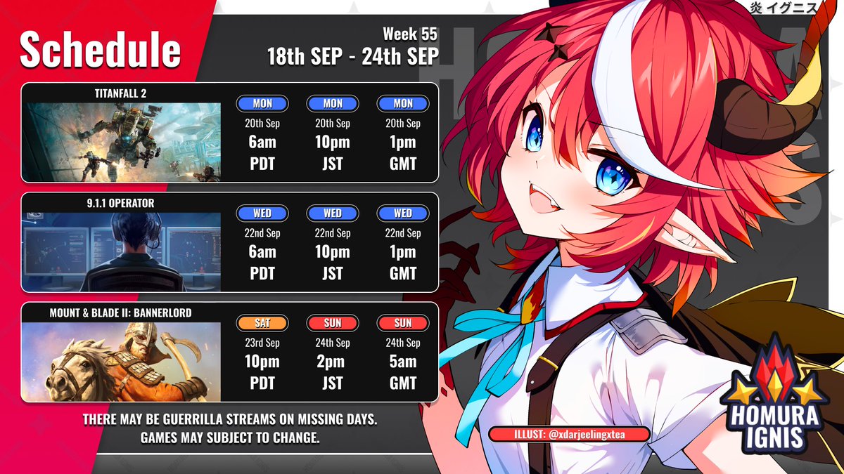 HomuraIgnis's tweet photo. Weekly Schedule🔥🔥🔥

Titanfall 2 has been quite stable lately and it has been really fun✨✨✨911 Operator, never played or seen much gameplay at all. Should be fun. Its free on Epic Store now. Annnnd doing some more conquering in M&amp;B!🔥🔥🔥

#IgniSpeak #ClipNis #SalamandArt https://t.co/743uhRHeSu