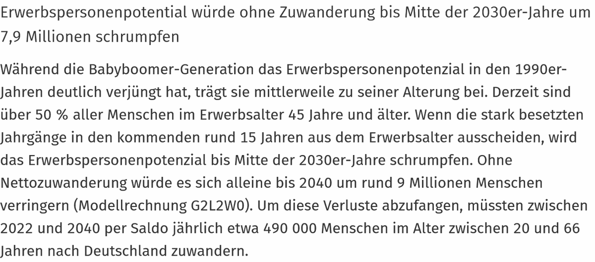 Auch ein Deutschland ohne Zuwanderung wäre möglich. Ein Minus von 7,9 Mio. Erwerbstätigen macht Dienstleistungen zum Luxusgut für Reiche, während alle anderen arbeiten bis ins Greisenalter. Produktion bricht ein, Preise steigen, außer bei leeren Immobilien.