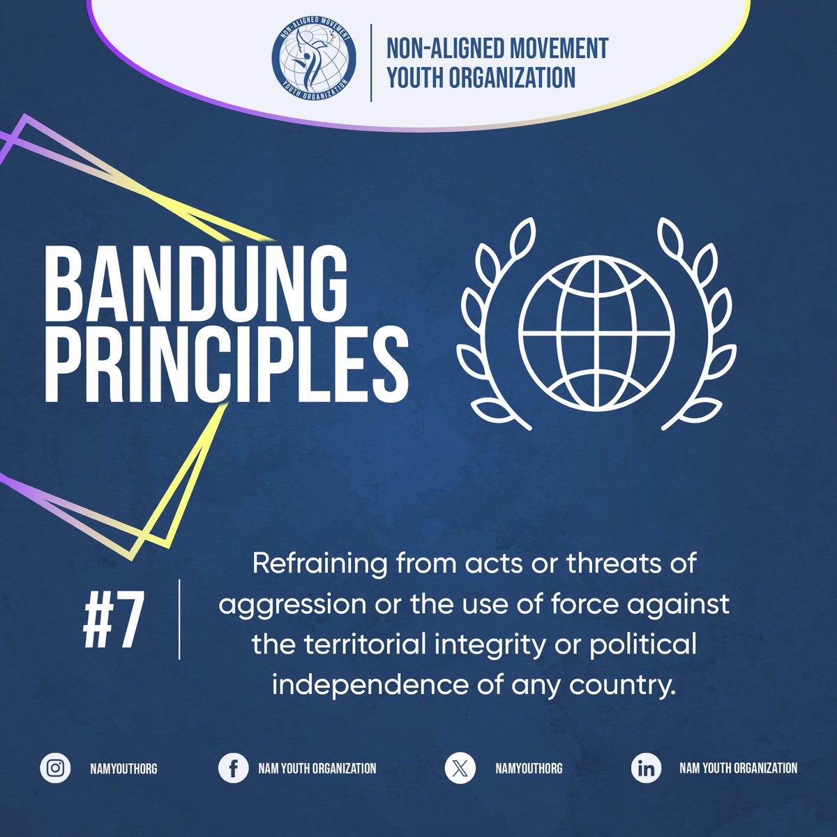 namyouthorg's tweet photo. We are on our way to unfold the last few #BandungPrinciples. 🤩 Today, we present you the seventh Bandung Principle!
Background: The Asian-African Conference held in #Bandung, #Indonesia in 1955 laid the foundation for the Non-Aligned Movement (#NAM) and its ten guiding principles, titled Bandung Principles.
#NAMYO #NAMYouthVision #NAM2023