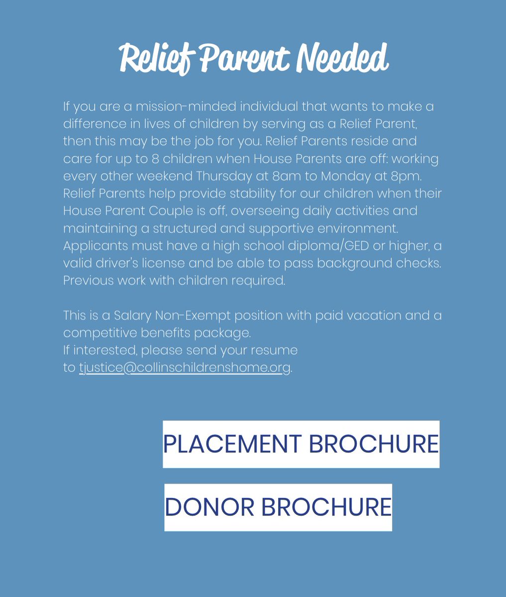 There is a relief parent need @CollinsChildren if you’re interested please visit collinschildrenshome.org for more details!! GO TIGERS