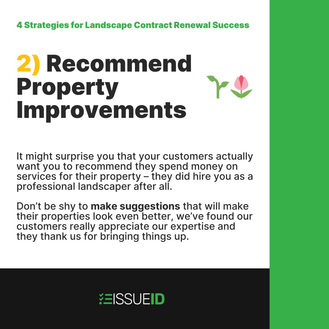 issue_id's tweet image. 🍂4 Strategies for Landscape Renewal Success🍃 
1️⃣ Landscape Health Assessments 📋✅
2️⃣ Recommend Property Improvements 🌱🌷
3️⃣ Transparent &amp;amp; Regular Communication 📢🏡
4️⃣ Collaborative Planning 🤝📆
Find ways to increase touch points all year. #LandscapeTips #CustomerRetention