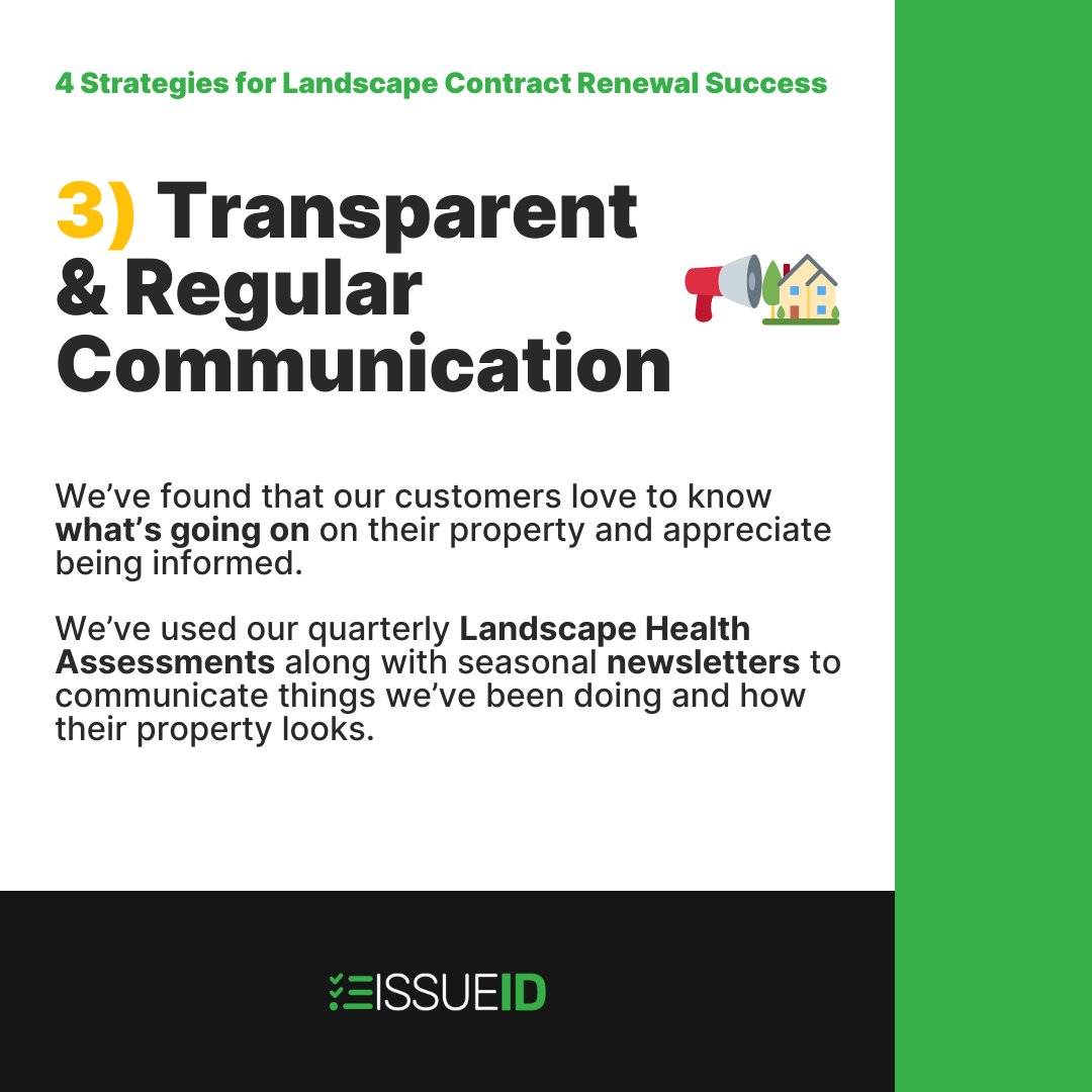 issue_id's tweet image. 🍂4 Strategies for Landscape Renewal Success🍃 
1️⃣ Landscape Health Assessments 📋✅
2️⃣ Recommend Property Improvements 🌱🌷
3️⃣ Transparent &amp;amp; Regular Communication 📢🏡
4️⃣ Collaborative Planning 🤝📆
Find ways to increase touch points all year. #LandscapeTips #CustomerRetention