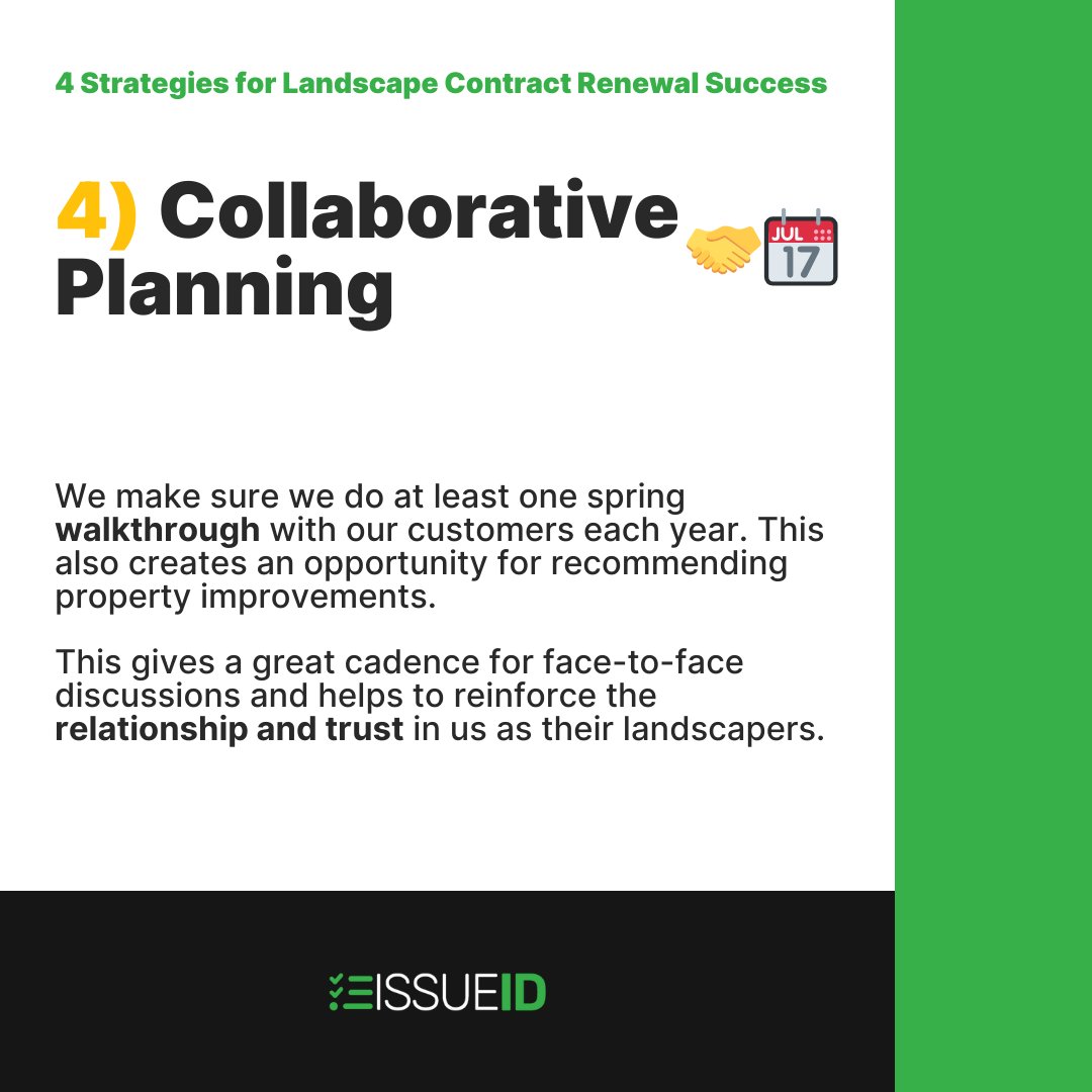 issue_id's tweet image. 🍂4 Strategies for Landscape Renewal Success🍃 
1️⃣ Landscape Health Assessments 📋✅
2️⃣ Recommend Property Improvements 🌱🌷
3️⃣ Transparent &amp;amp; Regular Communication 📢🏡
4️⃣ Collaborative Planning 🤝📆
Find ways to increase touch points all year. #LandscapeTips #CustomerRetention