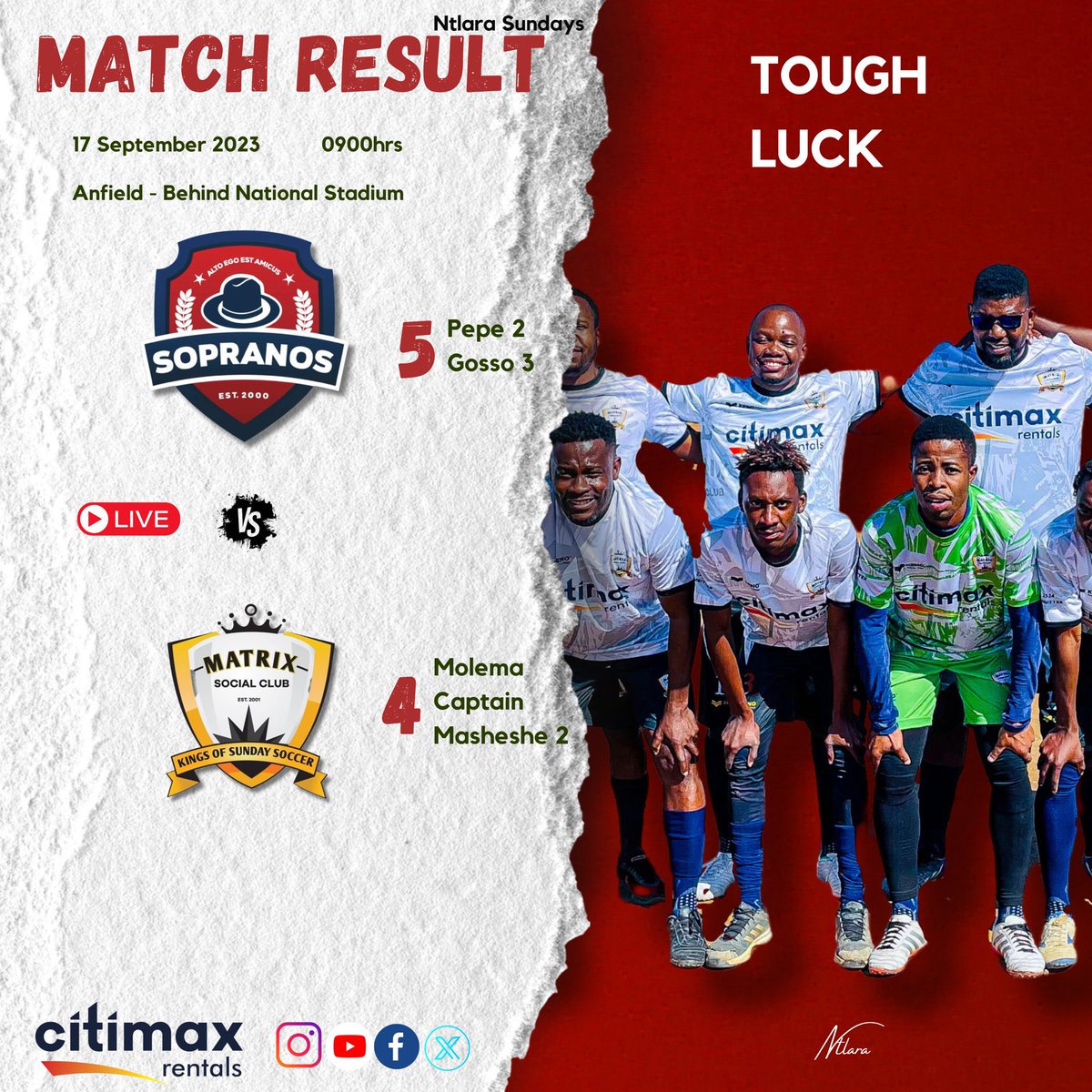 As always, Sopranos Social Club played their intimidation tactics via the refereeing.

Our coach also applied Ten Hagish tactics when he thought he had it in the bag, things went south really fast. From a 3-1 lead to a 5-4 loss🙆🏾‍♂️🤦🏾‍♂️

Till we meet again.

#Ntlara