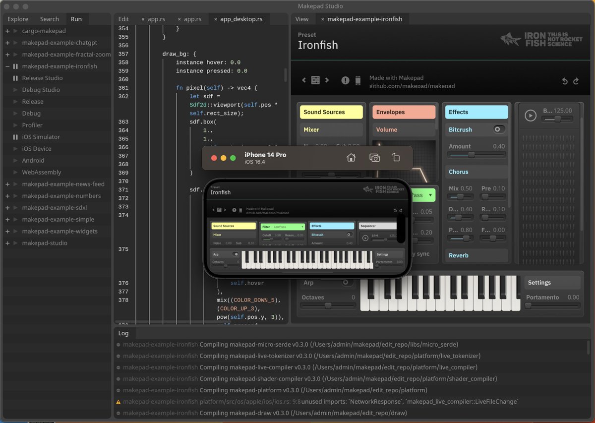 rikarends's tweet photo. Makepad studio. You have a 'run' panel on the left where you can run as many parallel platforms active at the same time and live code them. And the app runs inside the IDE itself as a texture as well (x-process). https://t.co/Nwry6DdHpV