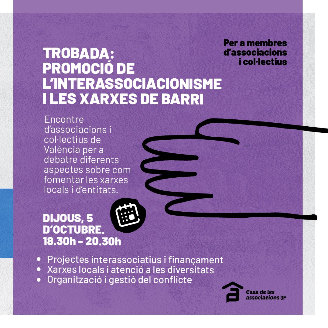 Apleguen les jornades 'Impulsem el treball comunitari als nostres barris'. ✓Div 29/09. Taula rodona sobre models de gestió comunitària, plena d'iniciatives interessants 
✓Dij. O5/10. Trobada d'entitats per enfortir les xarxes de barri i l'interassociacionisme. 
Per agendar ja!