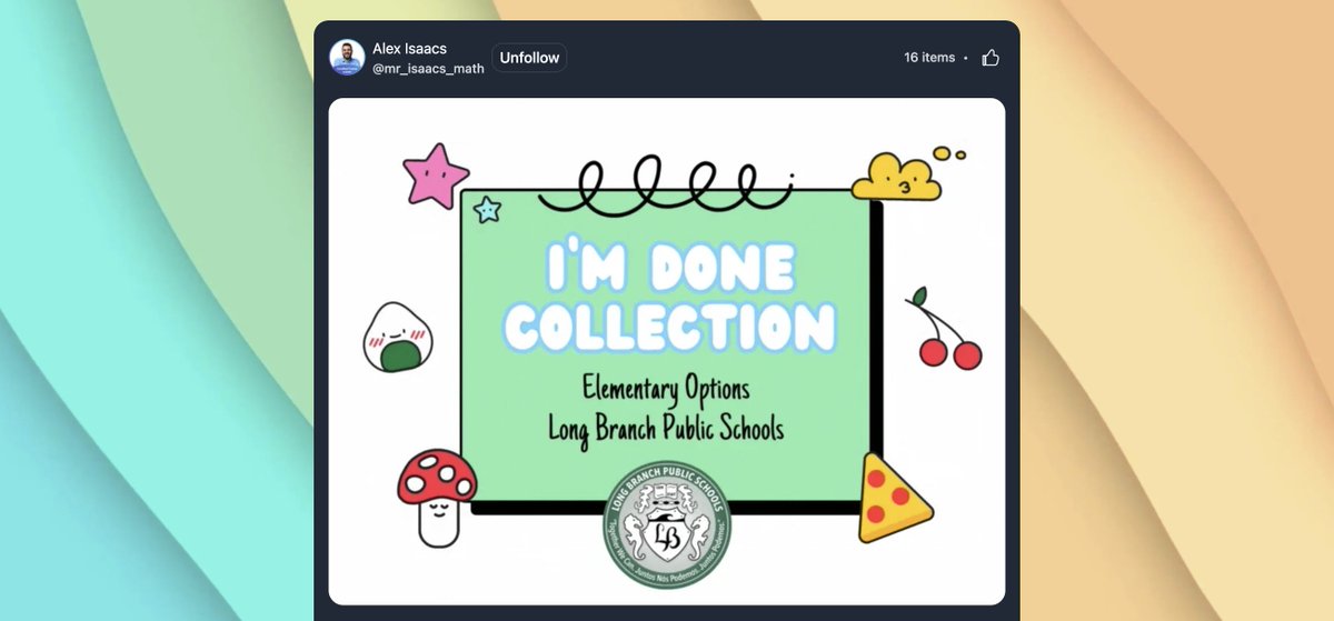 So 🥳 to share this NEW 'I'm Done' #math <a href="/wakelet/">Wakelet 💙</a> collection w/<a href="/LBK5Math/">Lisa Pangborn</a> &amp; <a href="/LBpublicschools/">Long Branch Public Schools</a>! I hope Ts + Ss enjoy these fun #edtech options.

Make a copy 👇
bit.ly/lbpsmath

#LBTogetherWeCan #JuntosPodemos #maths #wakeletwave @TxTechChick <a href="/RyanMcGTech/">Ryan McGinnis</a> <a href="/LBSuptRodriguez/">Francisco E. Rodriguez</a>
