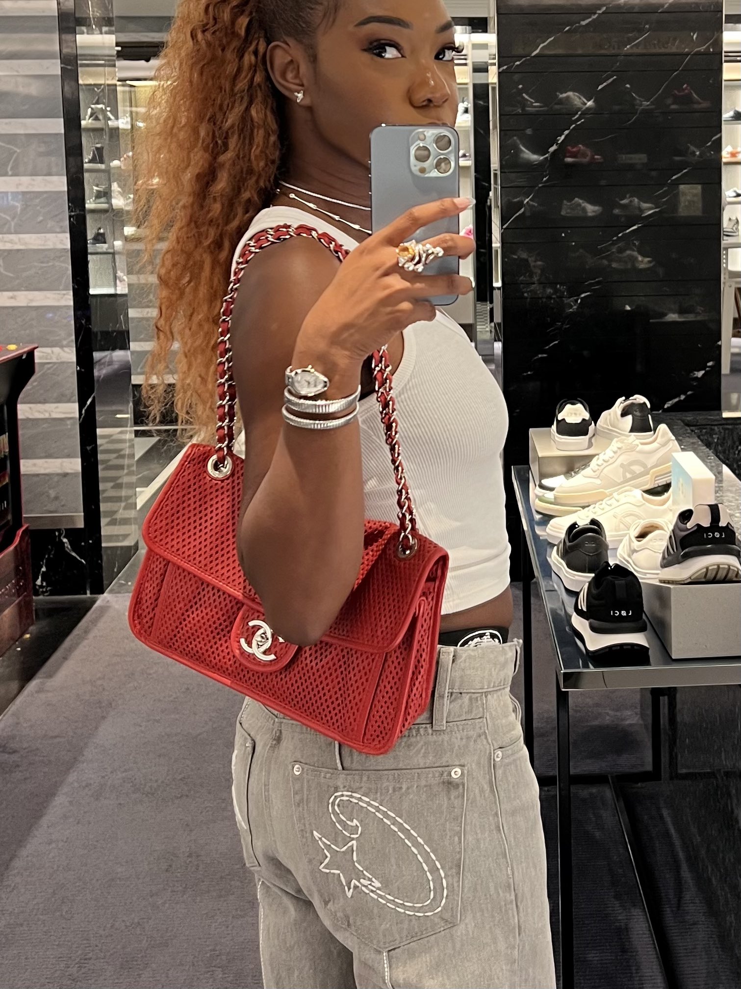 Red chanel bag outfit hotsell