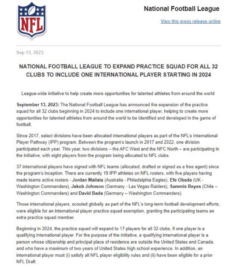 The NFL announces that the league will expend practice squads for all 32 teams to include one international player, starting in 2024.