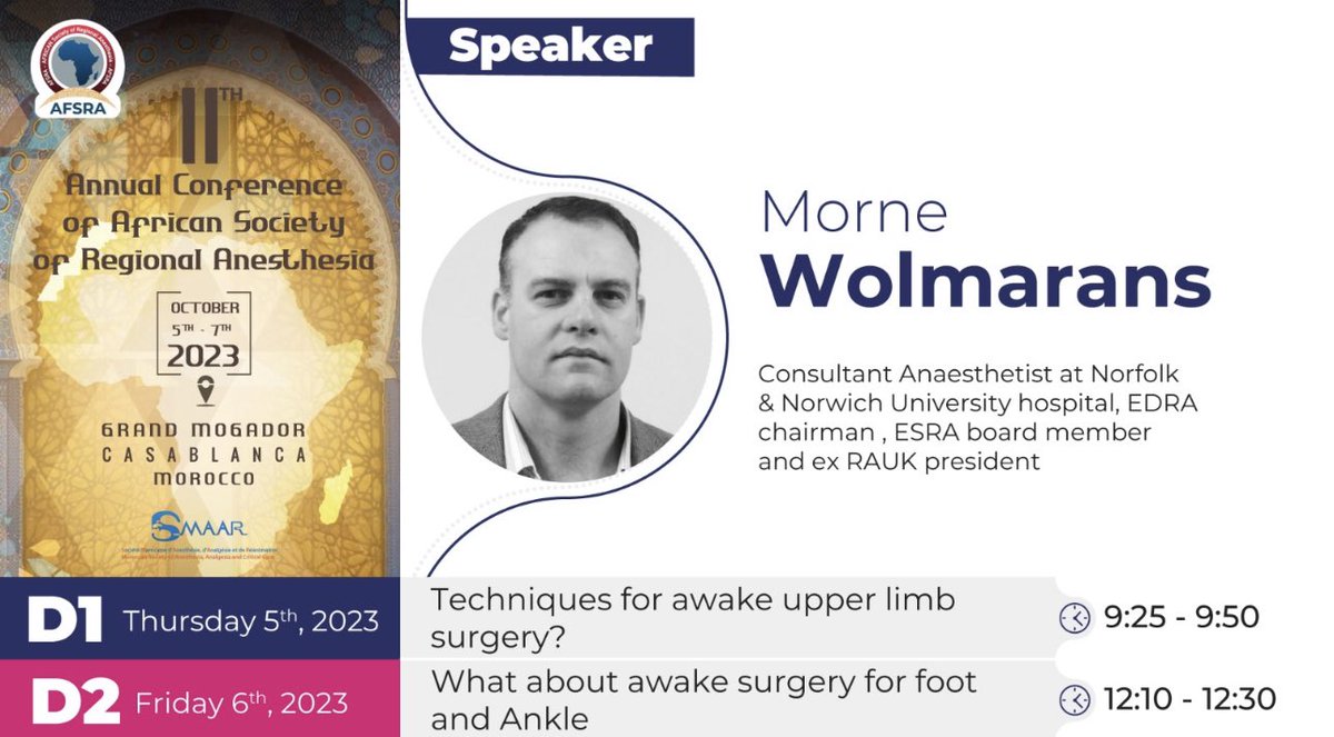 AFSRA (@afsra10) on Twitter photo Join us this year in #Casablanca 5-7th October to learn and meet experts in #regionalanaesthesia and #Pain from around the globe 🌎,we are honoured to having <a href="/docmorne/">Morné Wolmarans</a> again in Africa after amazing teaching in #Cairo last year and after awarded best education award in ESRAworld23 Join us this year in #Casablanca 5-7th October to learn and meet experts in #regionalanaesthesia and #Pain from around the globe 🌎,we are honoured to having <a href="/docmorne/">Morné Wolmarans</a> again in Africa after amazing teaching in #Cairo last year and after awarded best education award in ESRAworld23