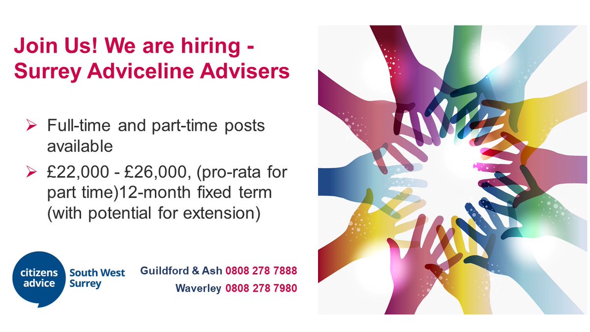 CASWSurrey's tweet photo. 🔴 We are hiring Surrey Adviceline Advisers

You’ll have an exciting opportunity to be part of a new enthusiastic team working across Surrey for one of our most vital &amp; high demand services – Adviceline

Find out more ⤵️

https://t.co/W5ouIFfJmD

#Surrey #Waverley #Guildford #Ash https://t.co/64fdDL5QNO