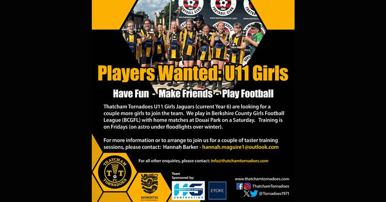 Thatcham Tornadoes U11 Girls Jaguars (Year 6) are looking for a couple more players to join the team
🖤💛🌪️⚽
thatchamtornadoes.com/news/players-w…