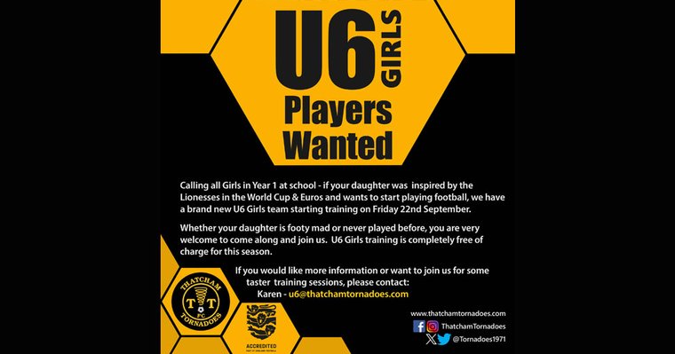 NEW TEAM - new U6 Girls team (Year 1) starting up - first session on Friday 22nd September - new players very welcome
🖤💛🌪️⚽🦁
thatchamtornadoes.com/news/players-w…