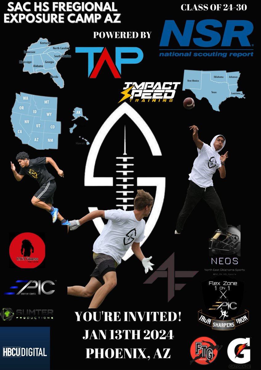 @morgan_quiri YOU’RE INVITED TO REGISTER FOR CLASS 24-30 SAC HS FB REGIONAL EXPOSURE CAMP JANUARY 13TH 2024 PHOENIX AZ. TOP RECRUITING PLATFORM NSR and Live stream, media coverage. this camp is for all positions. DM ME TO SET YOUR CALL ON CALENDLY. campscui.active.com/orgs/StudentAt…