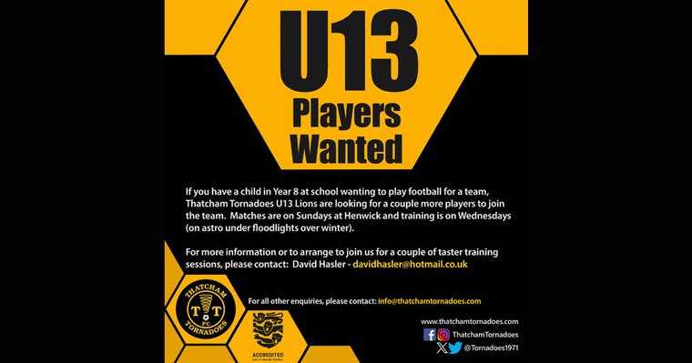 Thatcham Tornadoes U13 Lions have space for a couple more players to join the team
🖤💛🌪️⚽🦁
thatchamtornadoes.com/news/players-w…