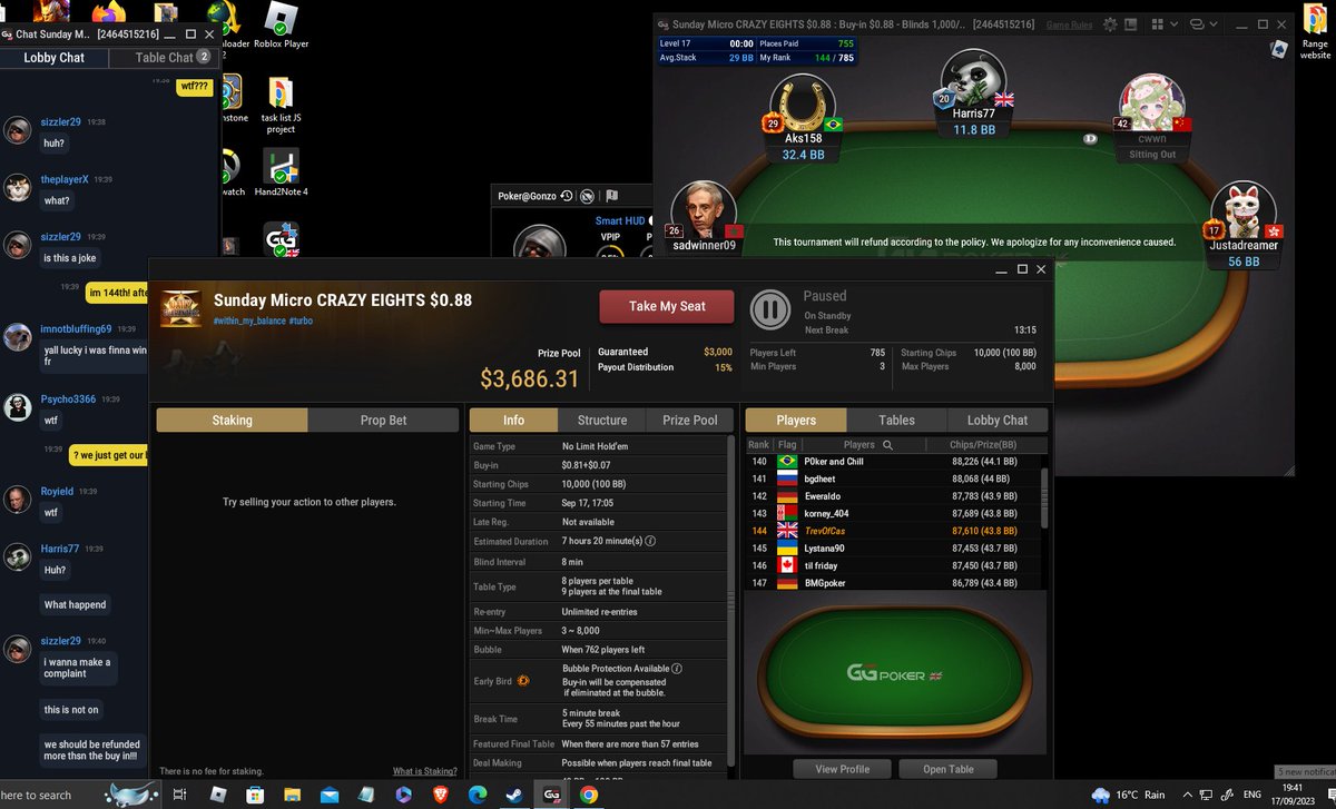 EgrGameStudio's tweet photo. @GGPoker Your software literally just closed the lobby for paused tournaments that were past registration already... so here u go, refund + my share of the prize pool please https://t.co/eNAW4AUxfU