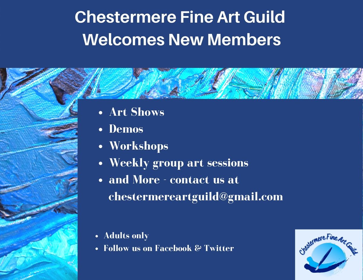 ChestermereArt's tweet photo. The Chestermere Art Guild is welcoming new members.  Meetings are Thursdays at 1 pm at the Community centre. https://t.co/Gb9UEJbB1f