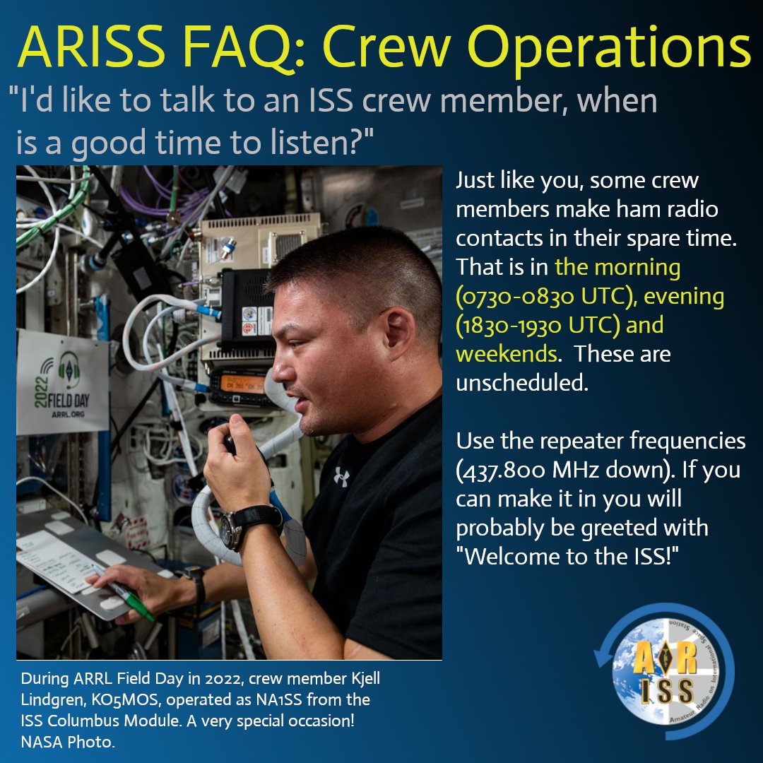 ARISS_Intl's tweet photo. Last week a ham asked, "Why didn't a crew member answer when I called NA1SS (or OR4ISS) on the last pass?" 
Just like you, the ISS crew does #hamradio in their spare time, which is very rare on the @Space_Station. 
Here's how to listen for the crew.  Share your other tips below! https://t.co/LmzRvxf1LH