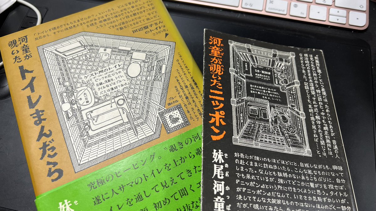 @kouichi_tokita あの蔵書数の中からよく見つかりましたね!すごい!w
「河童が覗いたニッポン」これですね!
そしてとだが会いに行ったのはこの「河童が覗いたトイレまんだら」の出版記念個展のときでした。
トイレに座った河童さんの等身大フィギュアが展示されてましたw 