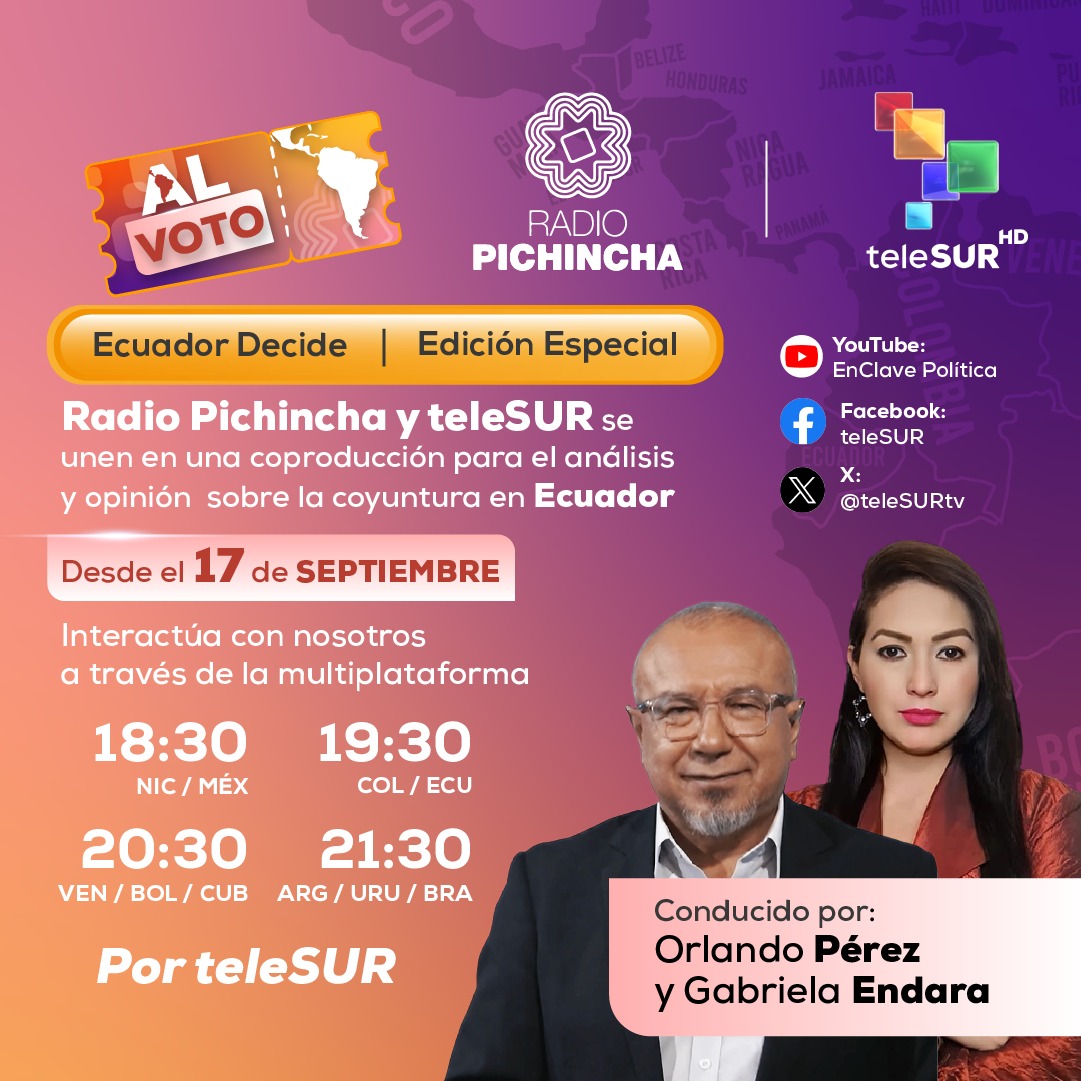 Esta noche, una mirada profunda de las elecciones que se celebrarán en Ecuador el próximo 15 de octubre. Ubiquen su horario y no se lo pierdan 🗳️
@pvillegas_tlSUR 
@OrlandoPerezEC
@Tatiana_teleSUR 
@teleSURtv