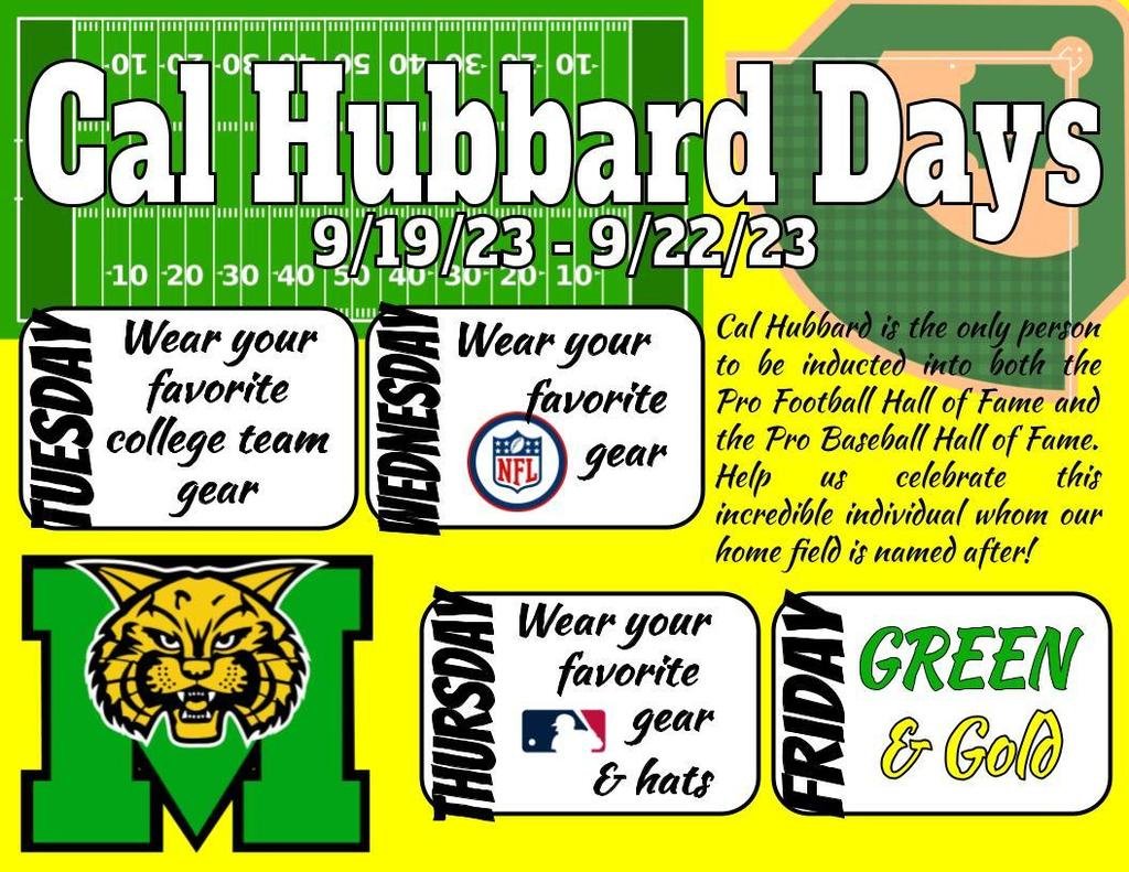 🎉⚾🏈Join us in celebrating Cal Hubbard Days 9/19-9/22/23!🎉⚾🏈 Tue - College Team Gear Wed - NFL Gear Thur - MLB Gear &amp; Hats Fri - Green &amp; Gold Day